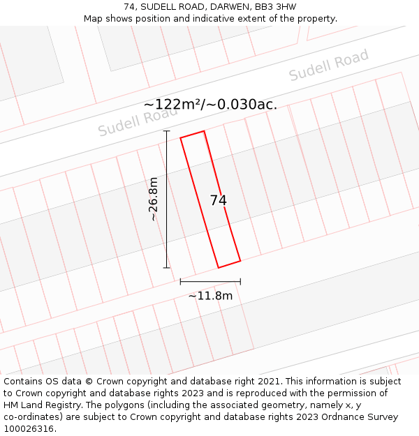 74, SUDELL ROAD, DARWEN, BB3 3HW: Plot and title map