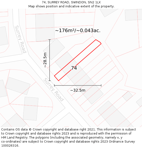 74, SURREY ROAD, SWINDON, SN2 1LX: Plot and title map