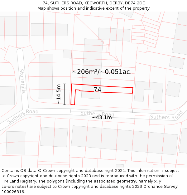 74, SUTHERS ROAD, KEGWORTH, DERBY, DE74 2DE: Plot and title map