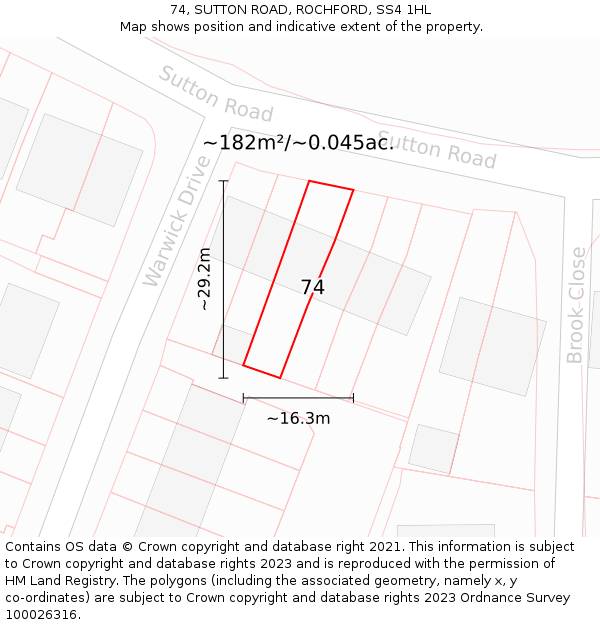 74, SUTTON ROAD, ROCHFORD, SS4 1HL: Plot and title map