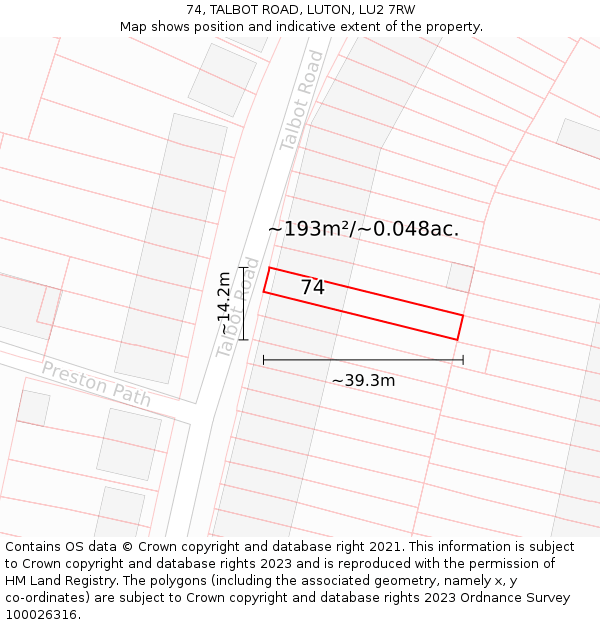 74, TALBOT ROAD, LUTON, LU2 7RW: Plot and title map