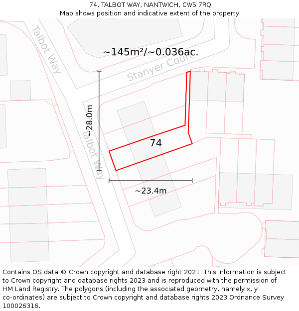 74, TALBOT WAY, NANTWICH, CW5 7RQ: Plot and title map