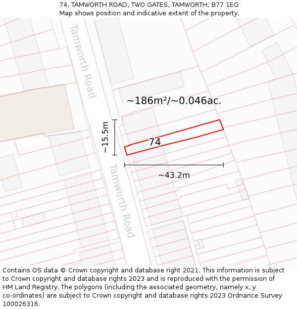 74, TAMWORTH ROAD, TWO GATES, TAMWORTH, B77 1EG: Plot and title map