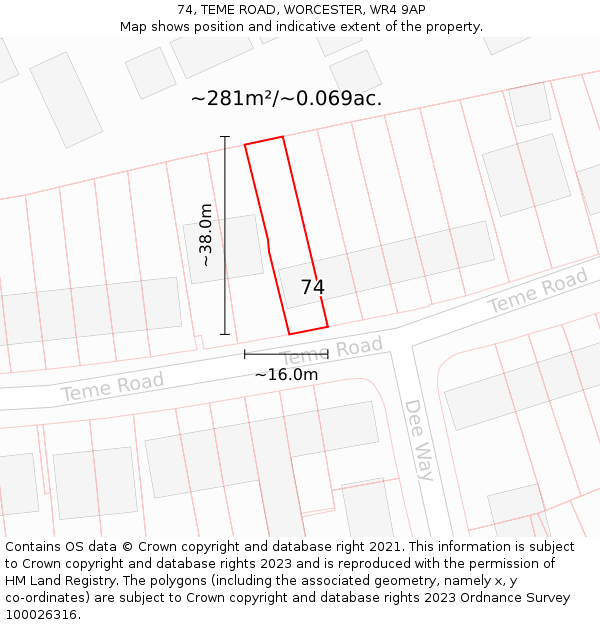 74, TEME ROAD, WORCESTER, WR4 9AP: Plot and title map