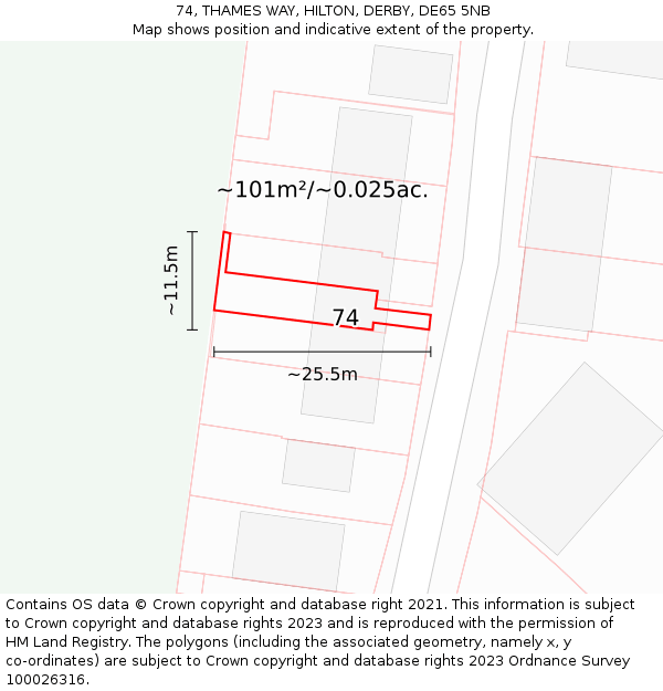 74, THAMES WAY, HILTON, DERBY, DE65 5NB: Plot and title map