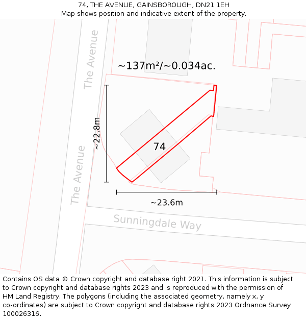 74, THE AVENUE, GAINSBOROUGH, DN21 1EH: Plot and title map