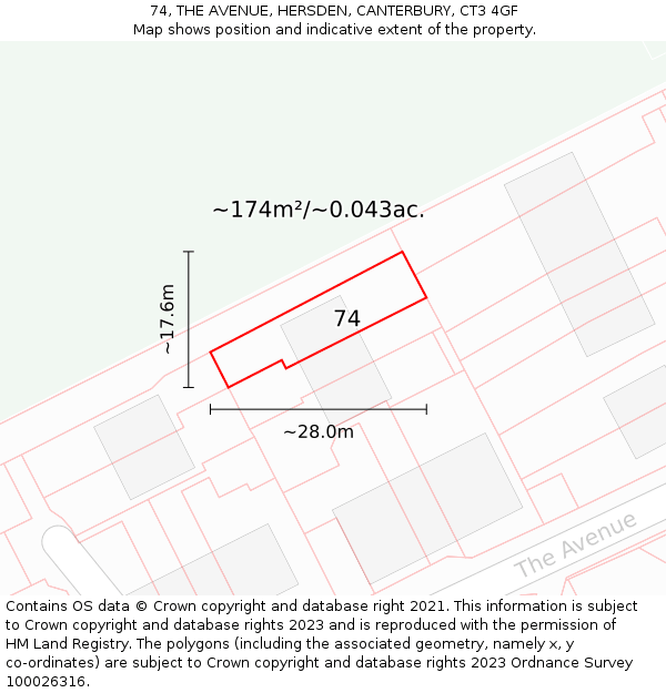 74, THE AVENUE, HERSDEN, CANTERBURY, CT3 4GF: Plot and title map