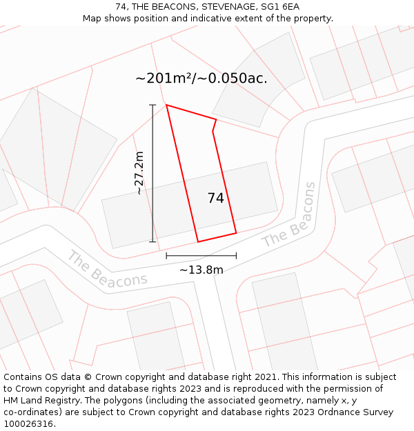 74, THE BEACONS, STEVENAGE, SG1 6EA: Plot and title map