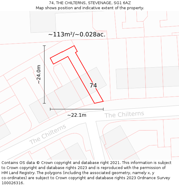 74, THE CHILTERNS, STEVENAGE, SG1 6AZ: Plot and title map