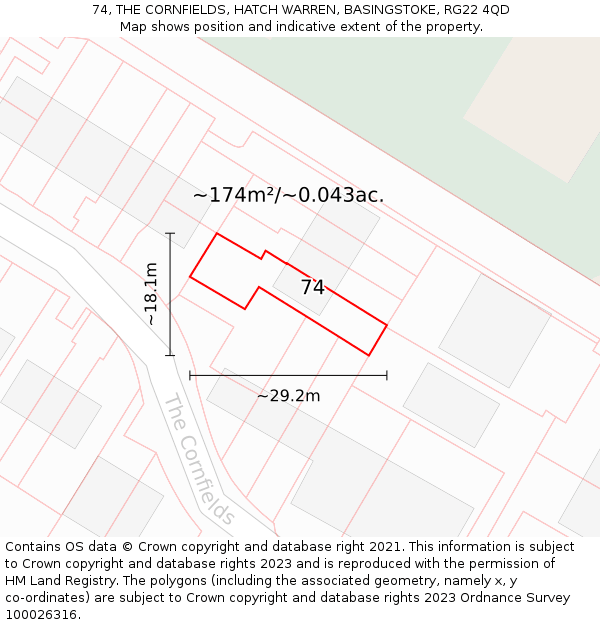 74, THE CORNFIELDS, HATCH WARREN, BASINGSTOKE, RG22 4QD: Plot and title map