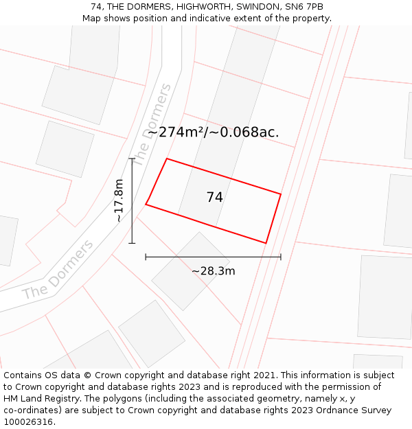 74, THE DORMERS, HIGHWORTH, SWINDON, SN6 7PB: Plot and title map