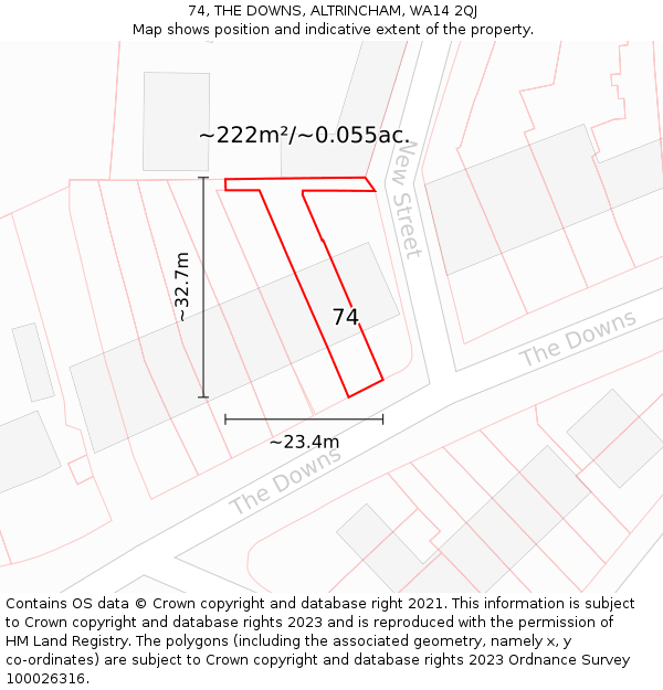 74, THE DOWNS, ALTRINCHAM, WA14 2QJ: Plot and title map