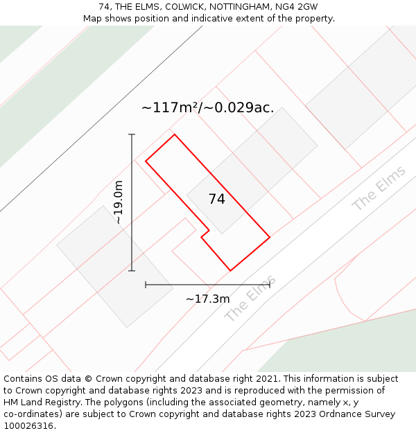 74, THE ELMS, COLWICK, NOTTINGHAM, NG4 2GW: Plot and title map