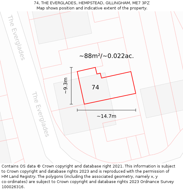 74, THE EVERGLADES, HEMPSTEAD, GILLINGHAM, ME7 3PZ: Plot and title map