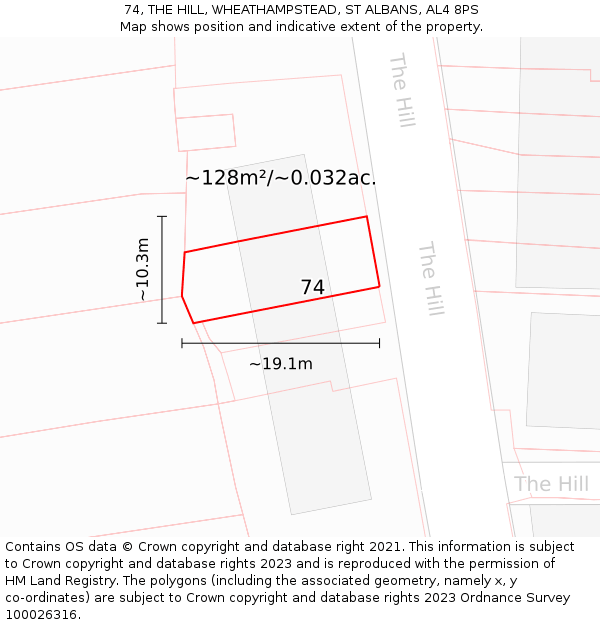 74, THE HILL, WHEATHAMPSTEAD, ST ALBANS, AL4 8PS: Plot and title map