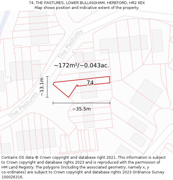 74, THE PASTURES, LOWER BULLINGHAM, HEREFORD, HR2 6EX: Plot and title map