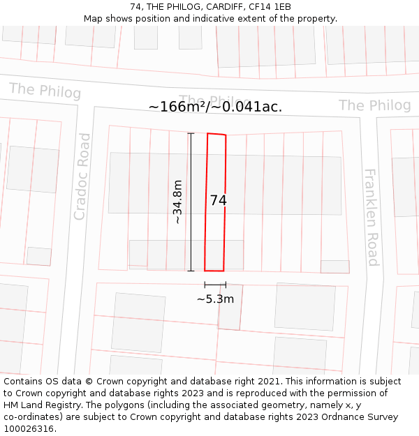 74, THE PHILOG, CARDIFF, CF14 1EB: Plot and title map