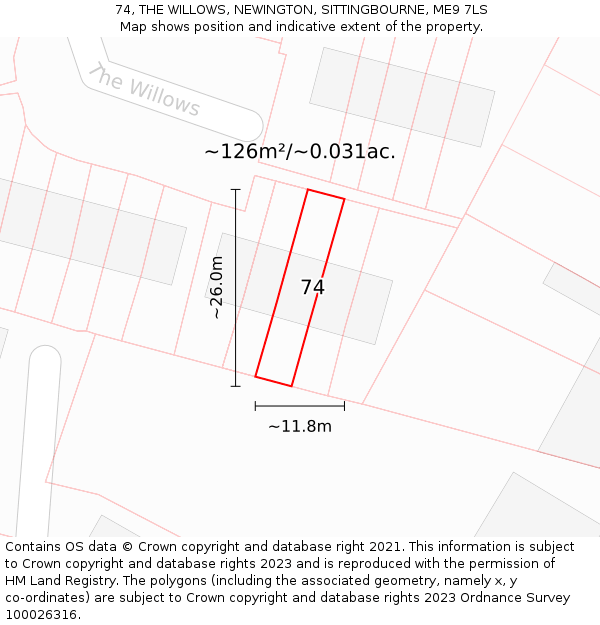 74, THE WILLOWS, NEWINGTON, SITTINGBOURNE, ME9 7LS: Plot and title map