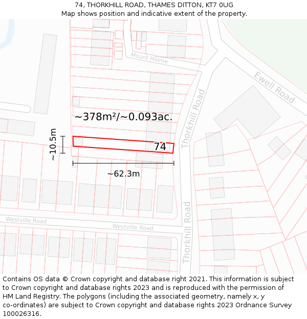 74, THORKHILL ROAD, THAMES DITTON, KT7 0UG: Plot and title map
