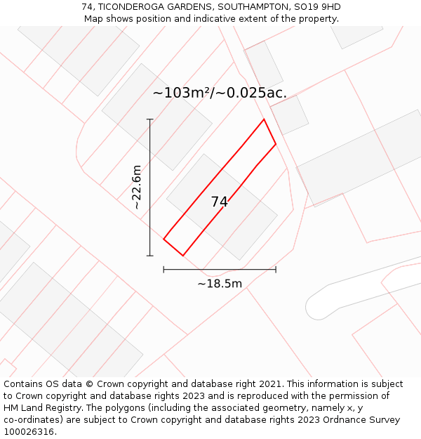 74, TICONDEROGA GARDENS, SOUTHAMPTON, SO19 9HD: Plot and title map