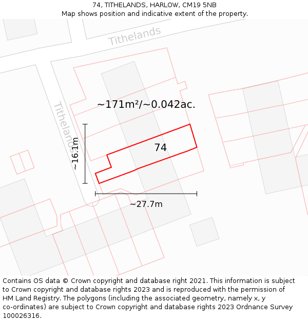 74, TITHELANDS, HARLOW, CM19 5NB: Plot and title map