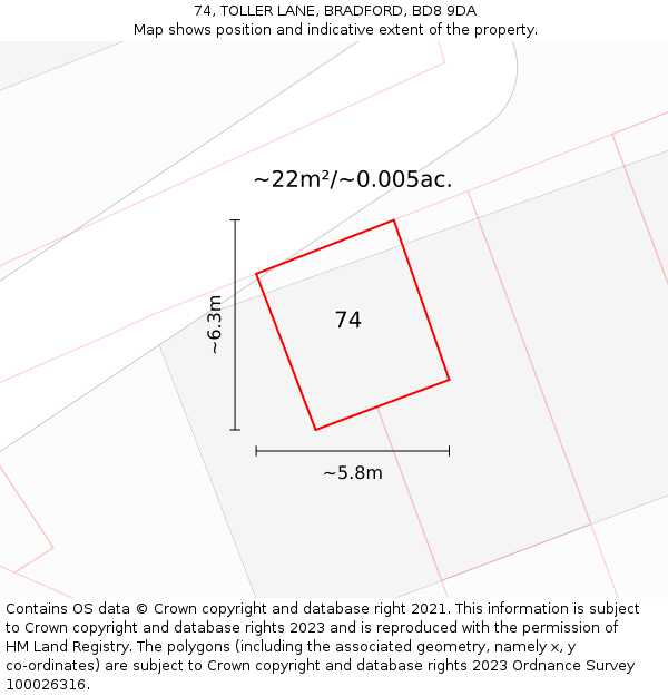 74, TOLLER LANE, BRADFORD, BD8 9DA: Plot and title map