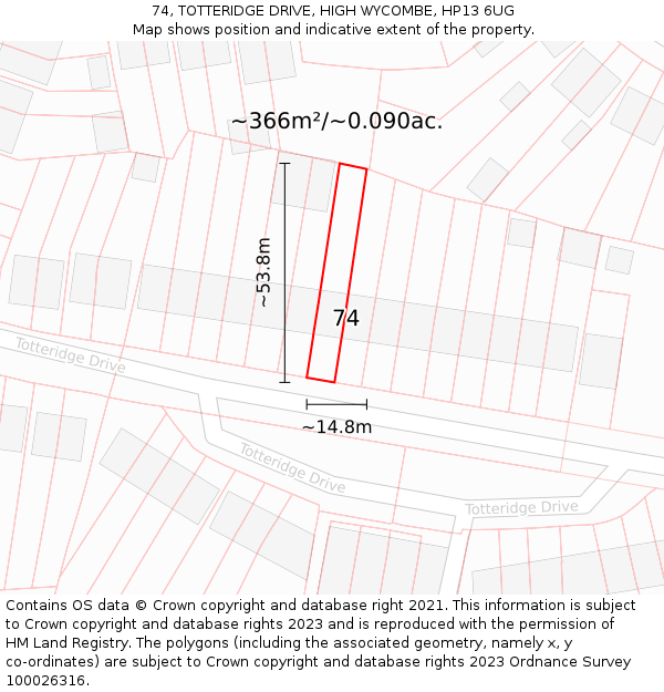 74, TOTTERIDGE DRIVE, HIGH WYCOMBE, HP13 6UG: Plot and title map