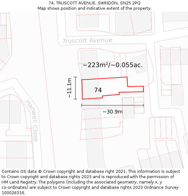 74, TRUSCOTT AVENUE, SWINDON, SN25 2PQ: Plot and title map