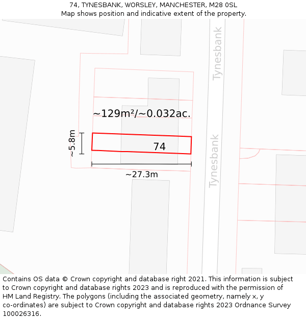 74, TYNESBANK, WORSLEY, MANCHESTER, M28 0SL: Plot and title map