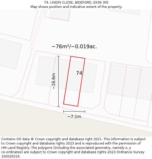 74, UNION CLOSE, BIDEFORD, EX39 3FE: Plot and title map