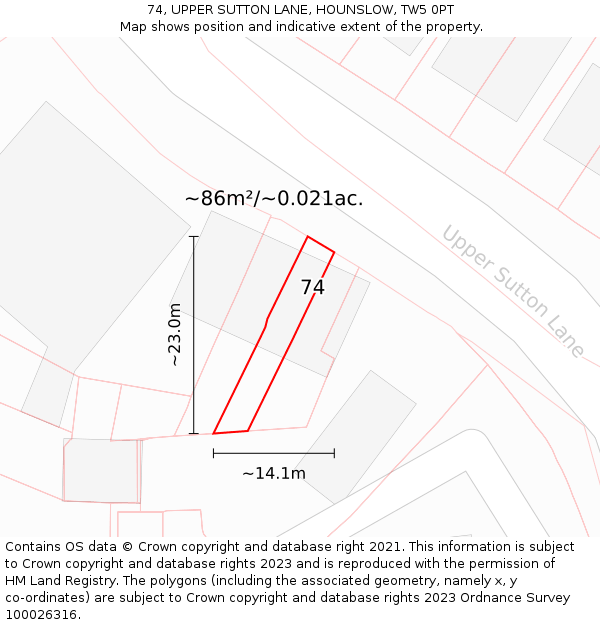 74, UPPER SUTTON LANE, HOUNSLOW, TW5 0PT: Plot and title map