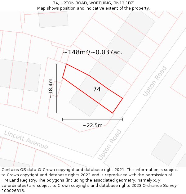 74, UPTON ROAD, WORTHING, BN13 1BZ: Plot and title map