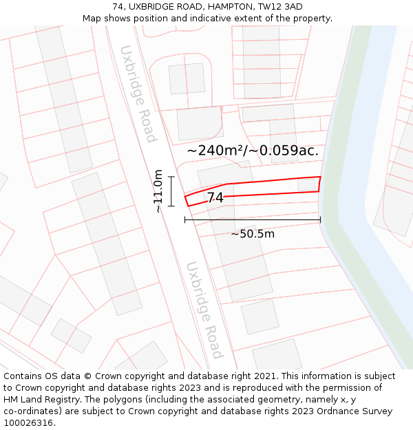 74, UXBRIDGE ROAD, HAMPTON, TW12 3AD: Plot and title map