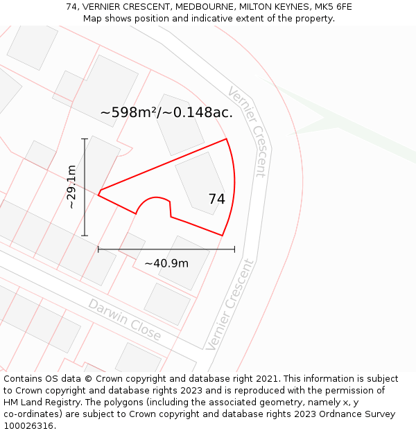74, VERNIER CRESCENT, MEDBOURNE, MILTON KEYNES, MK5 6FE: Plot and title map