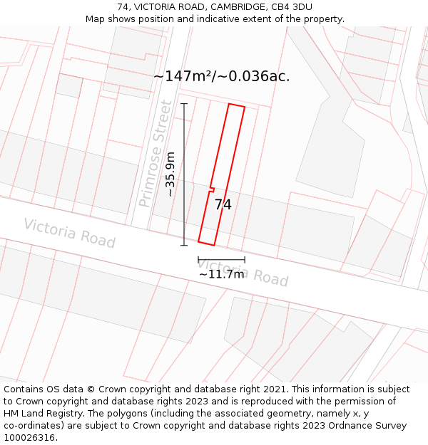 74, VICTORIA ROAD, CAMBRIDGE, CB4 3DU: Plot and title map