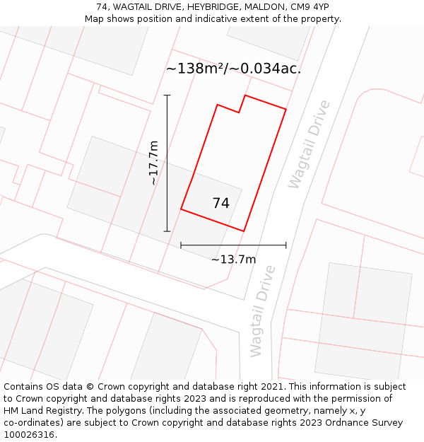 74, WAGTAIL DRIVE, HEYBRIDGE, MALDON, CM9 4YP: Plot and title map