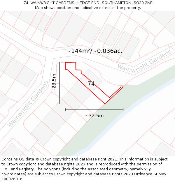 74, WAINWRIGHT GARDENS, HEDGE END, SOUTHAMPTON, SO30 2NF: Plot and title map