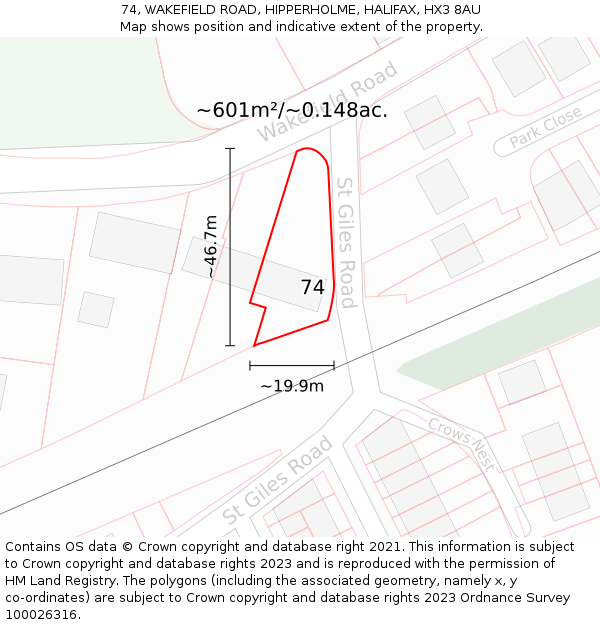 74, WAKEFIELD ROAD, HIPPERHOLME, HALIFAX, HX3 8AU: Plot and title map