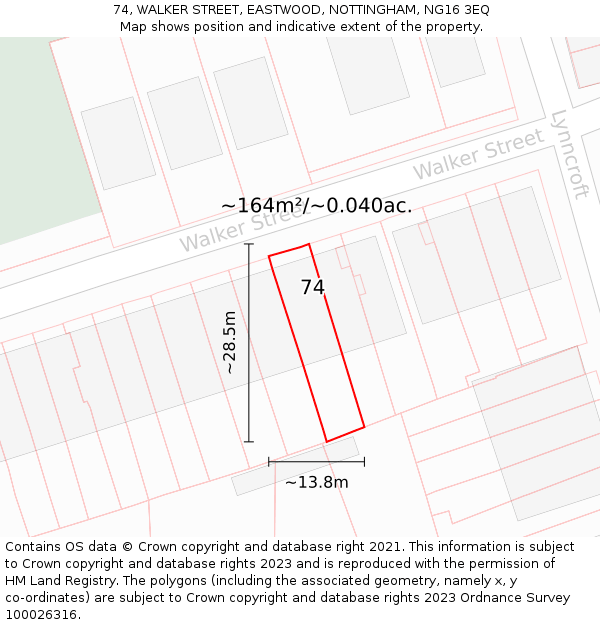 74, WALKER STREET, EASTWOOD, NOTTINGHAM, NG16 3EQ: Plot and title map