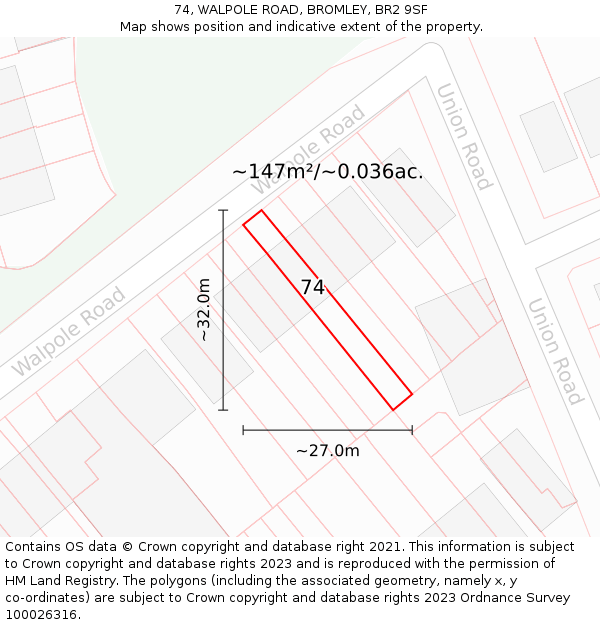 74, WALPOLE ROAD, BROMLEY, BR2 9SF: Plot and title map