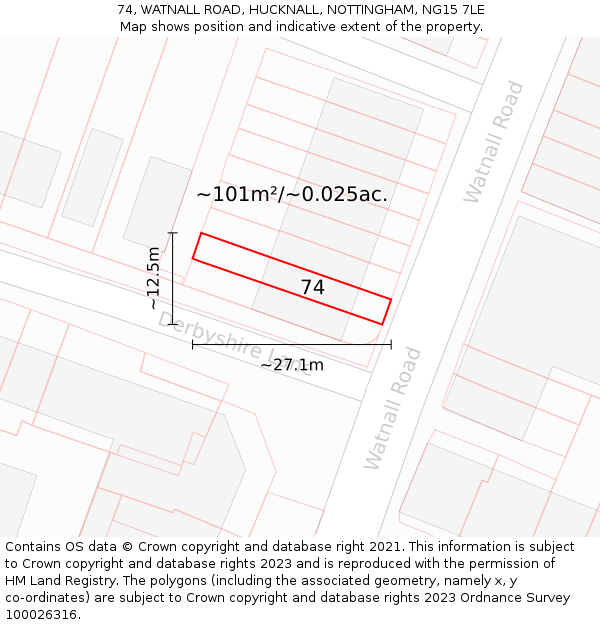 74, WATNALL ROAD, HUCKNALL, NOTTINGHAM, NG15 7LE: Plot and title map