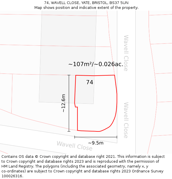 74, WAVELL CLOSE, YATE, BRISTOL, BS37 5UN: Plot and title map