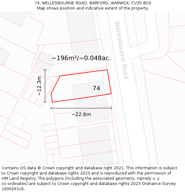 74, WELLESBOURNE ROAD, BARFORD, WARWICK, CV35 8DS: Plot and title map
