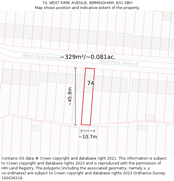 74, WEST PARK AVENUE, BIRMINGHAM, B31 5BH: Plot and title map