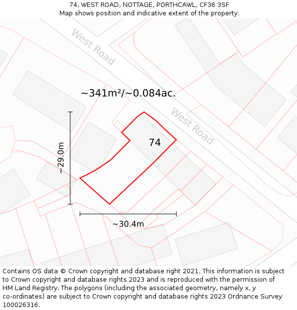 74, WEST ROAD, NOTTAGE, PORTHCAWL, CF36 3SF: Plot and title map