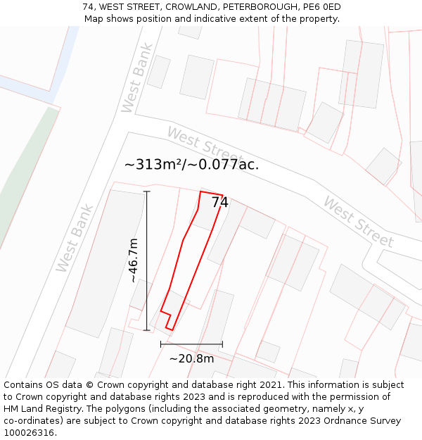 74, WEST STREET, CROWLAND, PETERBOROUGH, PE6 0ED: Plot and title map