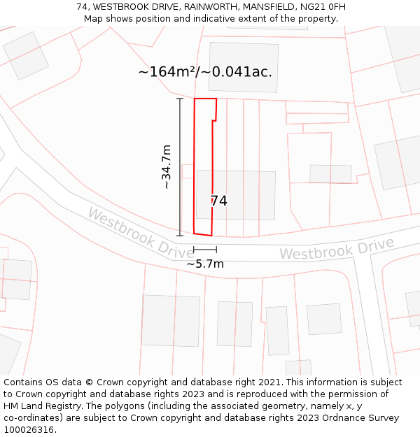74, WESTBROOK DRIVE, RAINWORTH, MANSFIELD, NG21 0FH: Plot and title map