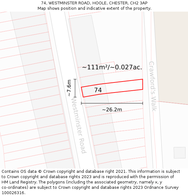 74, WESTMINSTER ROAD, HOOLE, CHESTER, CH2 3AP: Plot and title map
