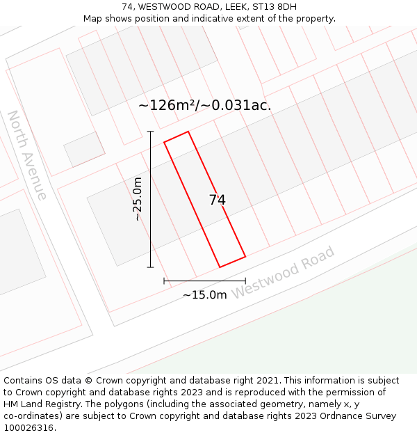 74, WESTWOOD ROAD, LEEK, ST13 8DH: Plot and title map