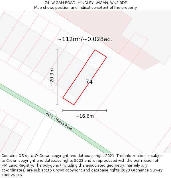 74, WIGAN ROAD, HINDLEY, WIGAN, WN2 3DF: Plot and title map